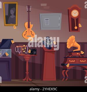 pawn shop. different old treasure in pawn shop jewelry items drawings retro technique gramophone. Vector cartoon background interior Stock Vector