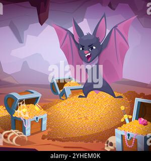 bat. angry scary cartoon bat standing in aggressive pose in cave with golden hills and different treasures Stock Vector
