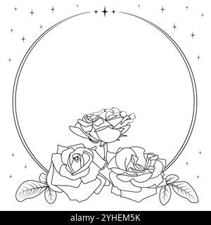 Floral stylized frame. A composition of three roses with leaves, black circle contour, black stars. Stock Vector