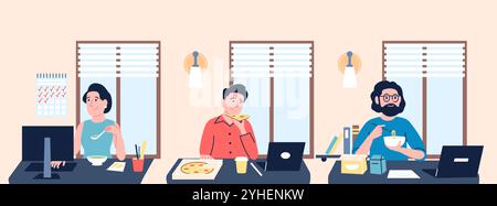 Colleagues working in open space office with computers and laptop. Lunch on work place. Busy workers have too much tasks and eating in job process Stock Vector