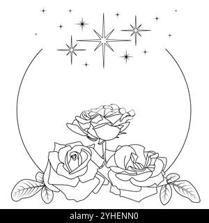 Floral stylized frame. Geometric composition, three roses, leaves, black circle contour, black stars. Stock Vector
