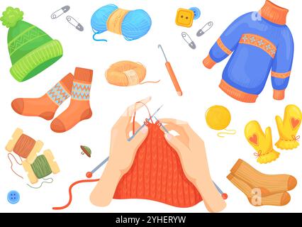 Cartoon hands knitting clothes. Hand with yarn pins handmade winter clothes, wool sweater scarves knitted socks gloves threads ball knit lesson set cartoon vector illustration original artwork Stock Vector