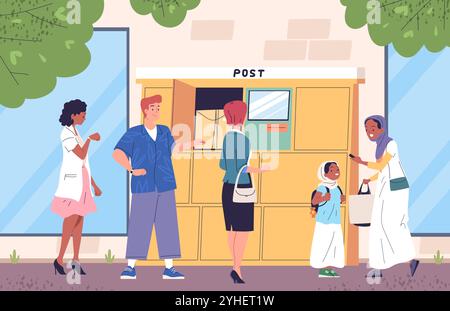 Self service locker. People self-delivery post station, modern delivery lockers automat machine shipment terminal automatic parcel pick up postal storage classy vector illustration original artwork Stock Vector
