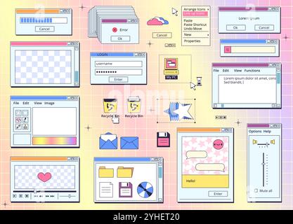 Browser retro screens. Vintage interface window web screen, pc 90s cyberspace website message folder tab programming hipster desktop 80s y2k internet kit classy vector illustration original artwork Stock Vector