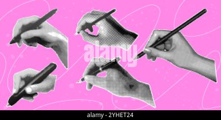 Halftone hands with pen. Hand holding draw or write tool pencil stylus marker, vintage writer paper collage retro grunge pop art abstract study concept, exact vector illustration original artwork Stock Vector