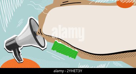 Halftone loudspeaker banner. Megaphone announce sale pop art collage, loud speaker public speech message marketing offer social media promotion vintage exact vector illustration original artwork Stock Vector
