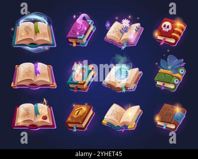 Cartoon alchemy books. Open and closed sacred book with evil magic spell, fantasy rpg game quest medieval wizard recipe fairies handbook, gaming ui icons swanky vector illustration original artwork Stock Vector