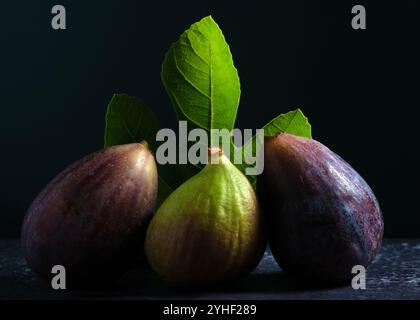 Three figs, two purple and one green, sit in a row against a dark background with a vibrant green fig leaf behind them, showcasing their organic textu Stock Photo