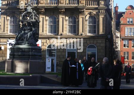 Armistice Day, Newcastle Cathedral, St Nicholas Square, People gather for the anniversary of the Armistice signing with the Reverend Canon Lee Batson,The Dean of Newcastle who lead a short act of remembrance, followed by the laying of poppies, Newcastle upon Tyne, UK, November 11th, 2024, Credit: DEW/Alamy Live News Stock Photo