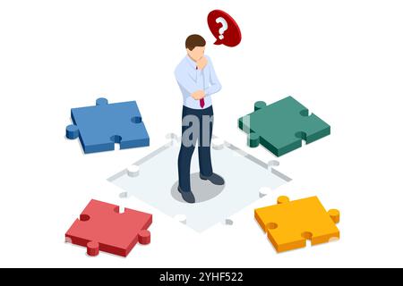 Isometric Business Puzzle.A man is thinking about how to create a profitable business. Teamwork and partnership. Business people join puzzle pieces Stock Vector