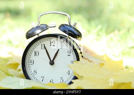 Autumn time. Alarm clock among fallen leaves, closeup Stock Photo
