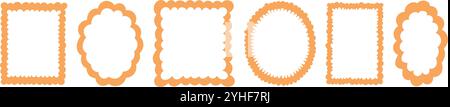 Wavy scallop edged frame shapes. Decorative border with patterned lines . Flat vector illustration isolated on white background. Stock Vector