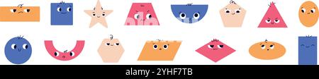 Cute basic math shapes with faces and geometric expressions. Simple forms for educational. Flat vector illustration isolated on white background. Stock Vector