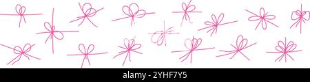 Cute hand drawn bow with vintage pink ribbon. Retro style tie knot, for gifts and presents. Flat vector illustration isolated on white background. Stock Vector