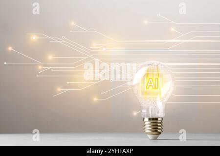 Ai abbreviation in light bulb against light background with electronic circuit board pattern. Space for text Stock Photo