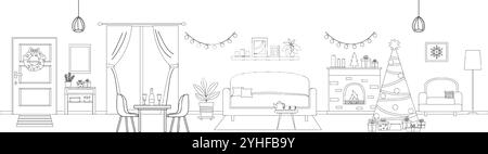 Living room decorated for Christmas and New Year. Interior banner in outline style. Stock Vector