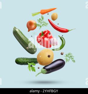 Fresh vegetables, herbs and spices in air on light blue background Stock Photo