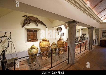 Old jars and alembics in the ancient galenic laboratory, Ancient Pharmacy of Camaldoli Monastery, Tuscany, Italy Stock Photo