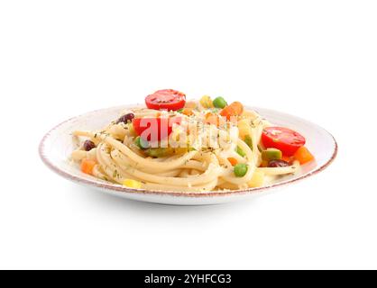 Plate with delicious pasta primavera on white background Stock Photo