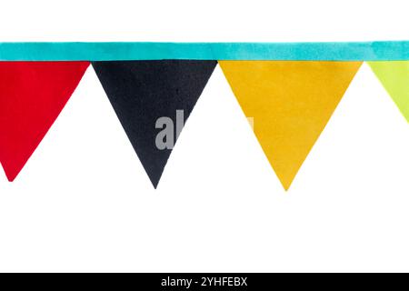 Bright and colorful decorative bunting flags made of paper, set against a white background. Ideal for festive celebrations, party decor, and holiday d Stock Photo