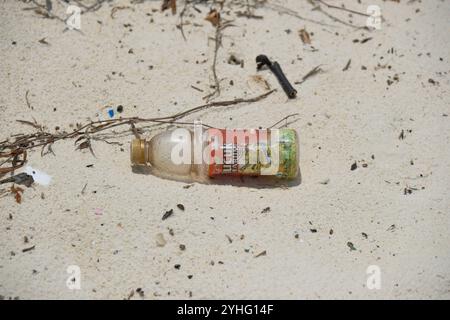 Microplastics washed up on the beach of St Johns Island Singapore. Aquatic ecosystems are being affected by single use plastics entering worlds oceans Stock Photo