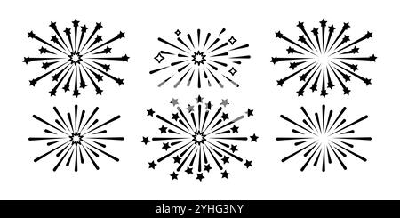 Set of starburst and fireworks icons in various shape. Graphic elements firecrackers on a white background. New Year and celebration concept. Design Stock Vector