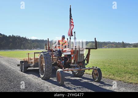 An American farmer flying the American flag from his tractor on a pumpkin and corn farm near Terrebonne, Oregon. Stock Photo