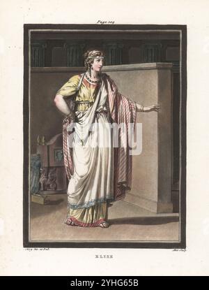 Elise, Confidante of Esther, Queen of Persia, character in Jean Racine's tragedy Esther, 1689. Woman in diadem with braided hair, striped mantle, white tunic, yellow robe, standing in a room. Hand-coloured copperplate engraving by Pierre-Michel Alix after an illustration by Philippe Chéry from Jean-Charles Le Vacher de Charnois’s Recherches sur les Costumes et sur les Theatres de Toutes les Nations, M. Drouhin, Paris, 1790. Stock Photo