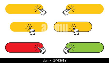 Click here button with the hand pointer. Search concept vector illustration. Stock Vector