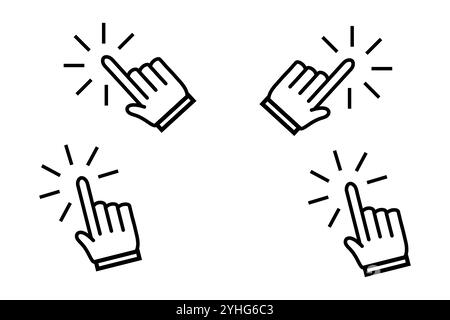 Click here button with the hand pointer. Search concept vector illustration. Stock Vector