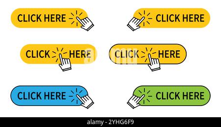 Click here button with the hand pointer. Search concept vector illustration. Stock Vector