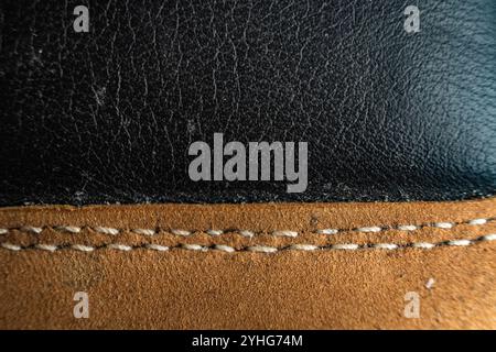 Close-up view of detailed shoe material showcasing stitching and texture with a neutral background Stock Photo