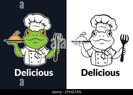 A cartoon illustration of a green frog wearing a chef's hat, holding a platter with food and a fork. Stock Vector