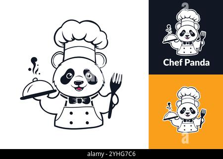 A cartoon panda wearing a chef's hat and apron, holding a serving dish and a fork, with steam coming off the dish. Stock Vector