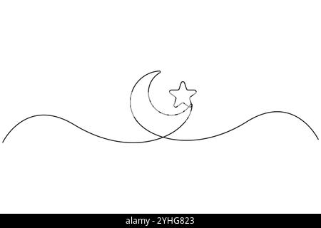 Moon and star line art. Minimalist celestial design. Simple curved outline. Vector graphic element. Stock Vector