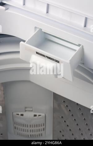 close-up of washing powder case or detergent drawer in a white color washing machine, soft focus with copy space Stock Photo