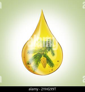 Conifer essential oil drop with fir tree branch inside on pale green background Stock Photo