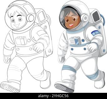 Two kids in astronaut suits, one colored, one outlined Stock Vector