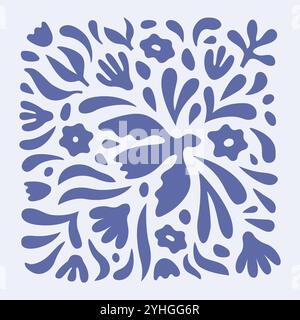 Abstract groovy minimalistic poster with dove of peace, organic plants, flower. Aesthetic hippie design for wallpaper, wall art decor, print, postcard Stock Vector