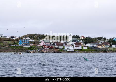 A picturesque coastal Newfoundland town viewed from the ocean, with its charming harbor, rocky shoreline, and maritime landscape blending seamlessly i Stock Photo