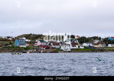 A picturesque coastal Newfoundland town viewed from the ocean, with its charming harbor, rocky shoreline, and maritime landscape blending seamlessly i Stock Photo