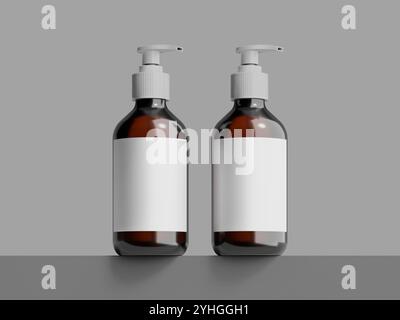 Realistic Blank Two Amber Pump Bottles Mockup in Front View Stock Photo