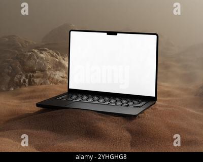 White Blank Laptop Screen Mockup in Desert background Setting Stock Photo