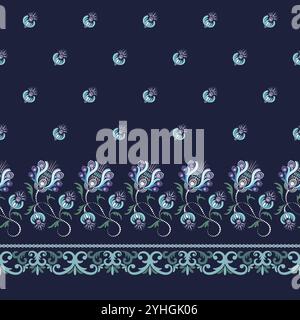 Hand draw of seamless pattern floral dotted mandala painting on dard indigo blue. Designed for background, textile prints, garment textures, wallpaper Stock Vector