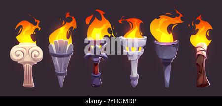 Burning torch fire set isolated on black background. Vector cartoon illustration of bright flame on wooden, stone, iron handle, antique, medieval, sports competition light icons, palace torchlight Stock Vector