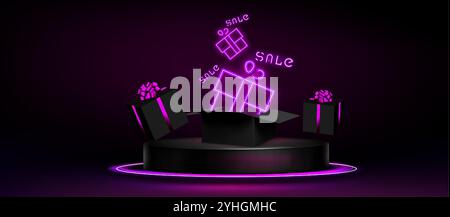 Black gift boxes decorated with purple ribbons float above round podium. Bright neon signs illuminate dark background, highlighting promotional sale text for special offers marketing presentations. Stock Vector
