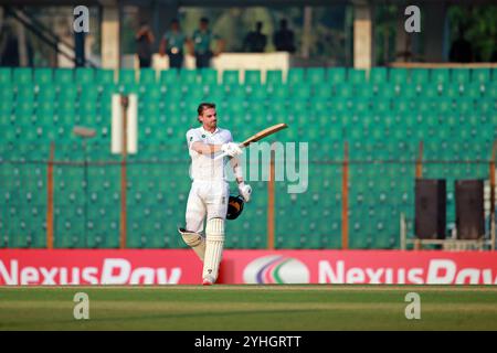 Tristan Stubbs celebrates his hundred runs during Bangladesh and South Africa 2nd Test day one at the Zahur Ahmed Chowdhury Stadium in Sagorika, Chatt Stock Photo