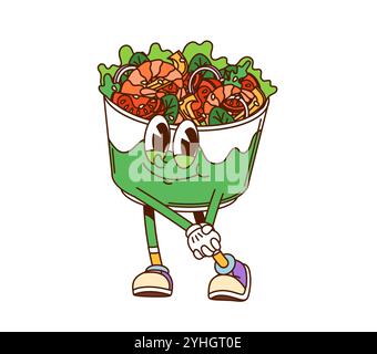 Cartoon groovy salad bowl fast food character. Isolated vector playful disposable cup filled with vibrant Ingredients like fresh vegetables, lettuce, tomatoes and onions and shrimp creating fun promo Stock Vector