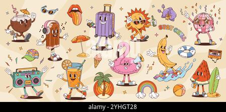 Retro cartoon groovy leisure and travel characters. Psychedelic hippy summer vacation vector personages of palm, sun, sea beach ball and umbrella. Groovy cocktail, ice cream and suitcase characters Stock Vector