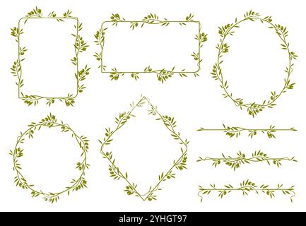 Olive leaves frames, dividers and borders. Elegant floral and nature-themed rectangular, oval, diamond shapes for invitations, photoframes, decorative elements for menu in natural Mediterranean style Stock Vector